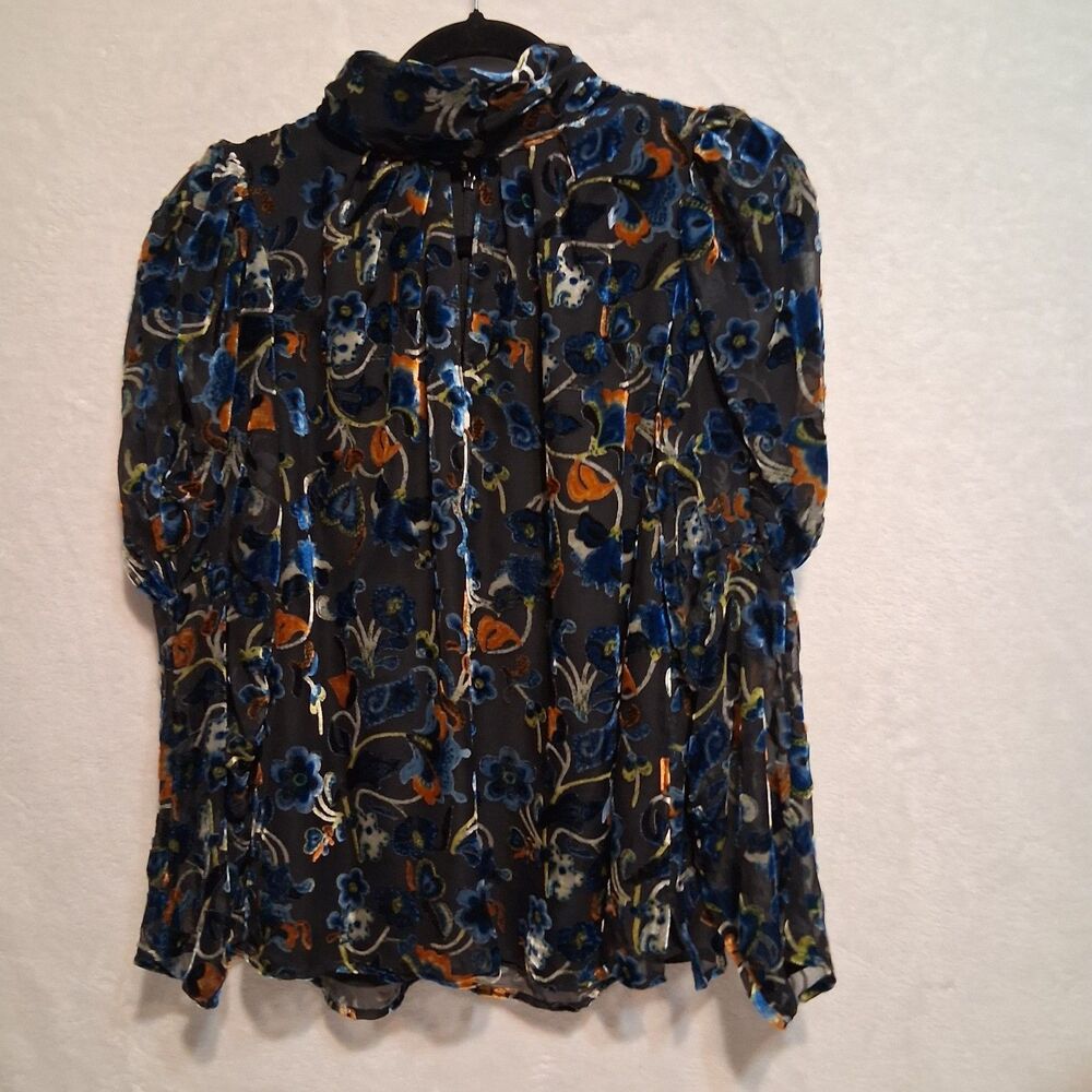 French Connection M Top Blue Floral Velvet Burnout Whimsigoth Dark Cottagecore
